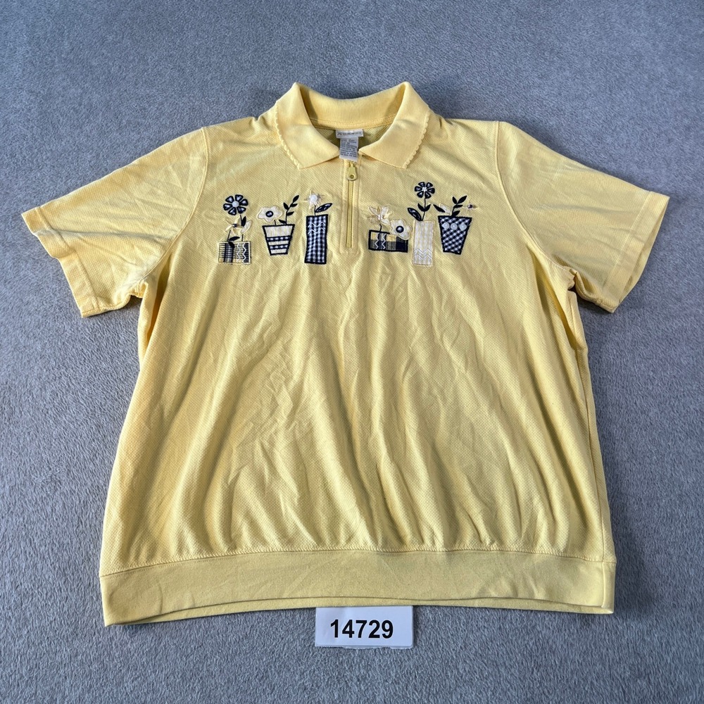 Koret Francisca Polo Shirt Women 1X Yellow Good Vintage Embroidered Floral Zip
